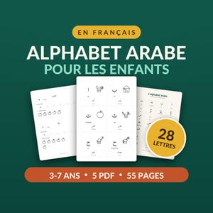 May include: Educational printable sheets for learning the Arabic alphabet, featuring black text and line drawings on white paper. The pages include letters, corresponding words, and illustrations. A yellow circular badge displays the text 28 LETTRES.