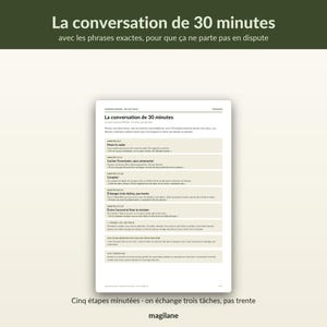 Peut inclure: Un document informatif blanc intitul&eacute; La conversation de 30 minutes avec du texte noir organis&eacute; en cinq &eacute;tapes chronom&eacute;tr&eacute;es. La page contient des instructions pour la communication structur&eacute;e, la gestion des t&acirc;ches et la r&eacute;solution de conflits, avec la marque Magilane.