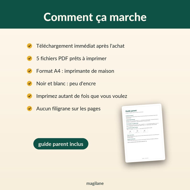 May include: An informational graphic titled Comment &ccedil;a marche with a list of six bullet points featuring yellow checkmarks. The text details digital download features, including five PDF files in A4 format, black and white ink usage, and a guide parent inclus.