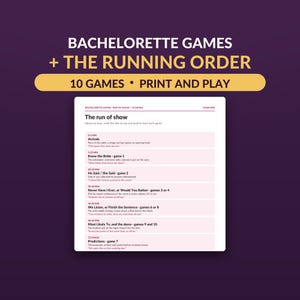 May include: A digital print-and-play bachelorette games set featuring a running order schedule. The document lists ten games with time slots, including Arrivals, Know the Bride, He Said/She Said, Never Have I Ever, and Predictions on a white sheet.