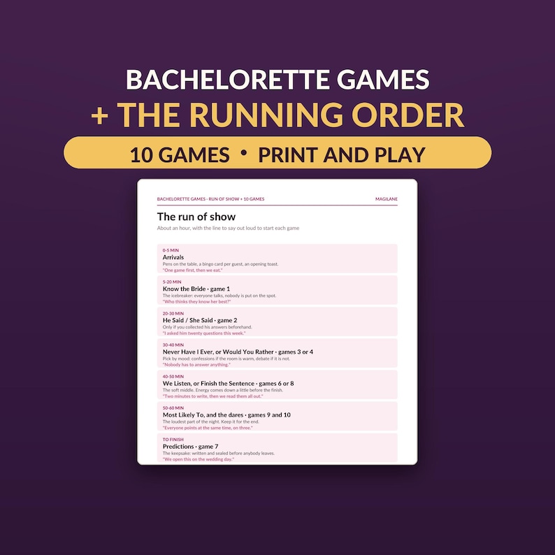 May include: A digital print-and-play bachelorette games set featuring a running order schedule. The document lists ten games with time slots, including Arrivals, Know the Bride, He Said/She Said, Never Have I Ever, and Predictions on a white sheet.