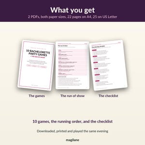 May include: A digital bachelorette party game set including 10 games, a run of show, and a planning checklist. The documents are provided as 2 PDFs with 22 pages on A4 and 25 pages on US Letter paper sizes. The text includes titles and lists.