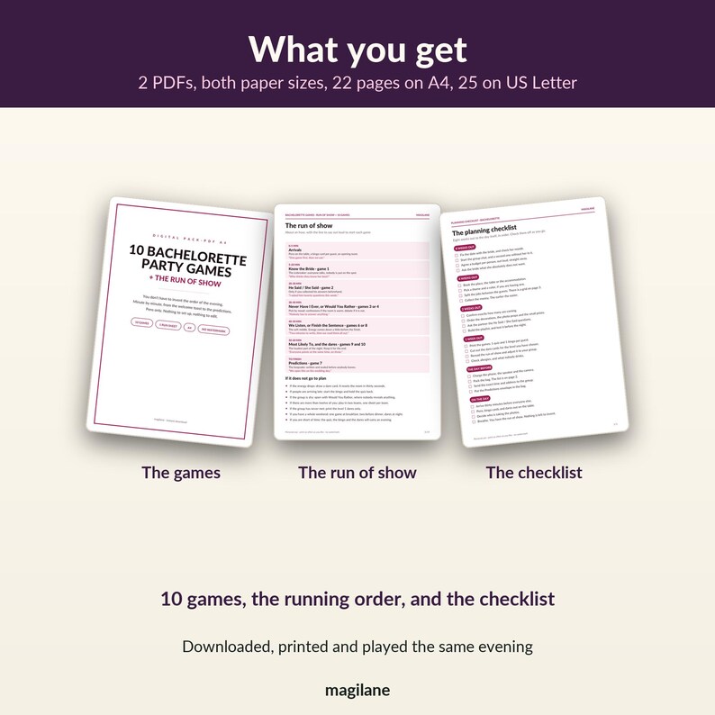 May include: A digital bachelorette party game set including 10 games, a run of show, and a planning checklist. The documents are provided as 2 PDFs with 22 pages on A4 and 25 pages on US Letter paper sizes. The text includes titles and lists.
