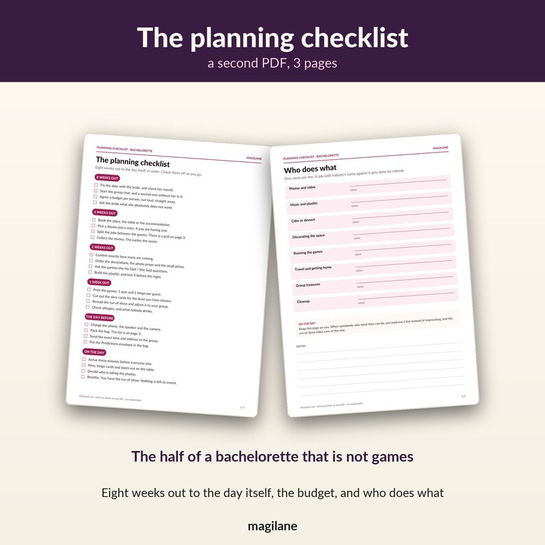 May include: A three-page digital planning checklist for a bachelorette party. The document features sections titled The planning checklist and Who does what, with checkboxes and lines for tasks, timelines from eight weeks out to the day of, and notes.