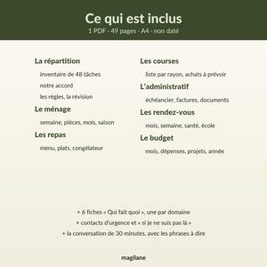 Peut inclure: Un document num&eacute;rique intitul&eacute; Ce qui est inclus, d&eacute;taillant un PDF non dat&eacute; de 49 pages au format A4. Il liste des sections pour la r&eacute;partition des t&acirc;ches, le m&eacute;nage, les repas, les courses, l'administratif, les rendez-vous et le budget.