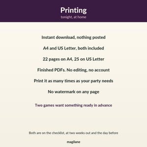 May include: A digital document with a dark purple header reading Printing tonight, at home. The text lists details: Instant download, nothing posted, A4 and US Letter included, 22 pages on A4, 25 on US Letter, Finished PDFs, no editing, no account, print as needed, no watermark, two games ready in advance, checklist at two weeks out and the day before, magilane.