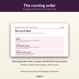 May include: A white digital document titled The run of show for bachelorette games, featuring a schedule with time slots for arrivals, Know the Bride, and He Said / She Said games, with text instructions for each activity in a clean layout.