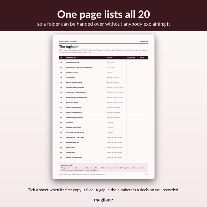 Childminder Paperwork EYFS Records - 20 numbered sheets, register, accident, sleep, medication, A4 image 2