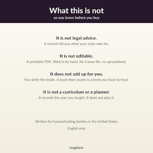 May include: A digital informational graphic with a dark purple header reading What this is not so you know before you buy. The text lists four points: It is not legal advice, It is not editable, It does not add up for you, and It is not a curriculum or a planner. It also states it is written for homeschooling families in the United States, is in English only, and includes the brand name magilane at the bottom.