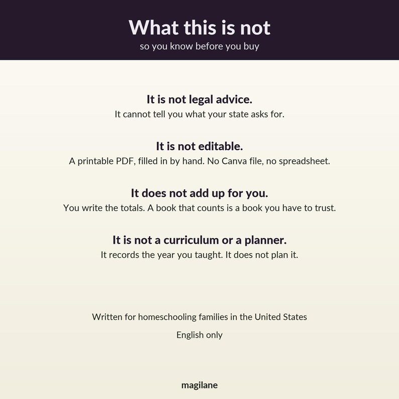 May include: A digital informational graphic with a dark purple header reading What this is not so you know before you buy. The text lists four points: It is not legal advice, It is not editable, It does not add up for you, and It is not a curriculum or a planner. It also states it is written for homeschooling families in the United States, is in English only, and includes the brand name magilane at the bottom.