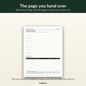 May include: A white paper form titled Aging Parent Care Records with a Month summary section, blank lines for notes, and a table labeled What this covers with columns for page numbers, content descriptions, recipient, and date given.