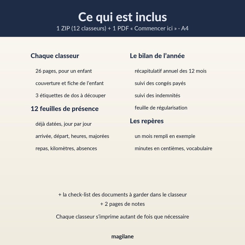 May include: A digital document set titled Ce qui est inclus, featuring 12 binders and a PDF guide in A4 format. It includes 26 pages per binder, attendance sheets, annual summaries, paid leave tracking, and notes, all designed for printable organization.