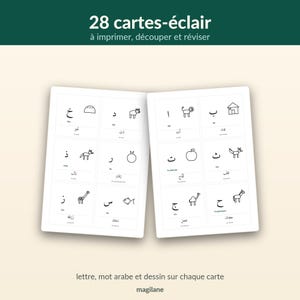 May include: A set of 28 flashcards featuring Arabic letters, corresponding words, and simple line drawings. The cards are displayed in two columns on a white background, with the text 28 cartes-&eacute;clair &agrave; imprimer, d&eacute;couper et r&eacute;viser at the top.