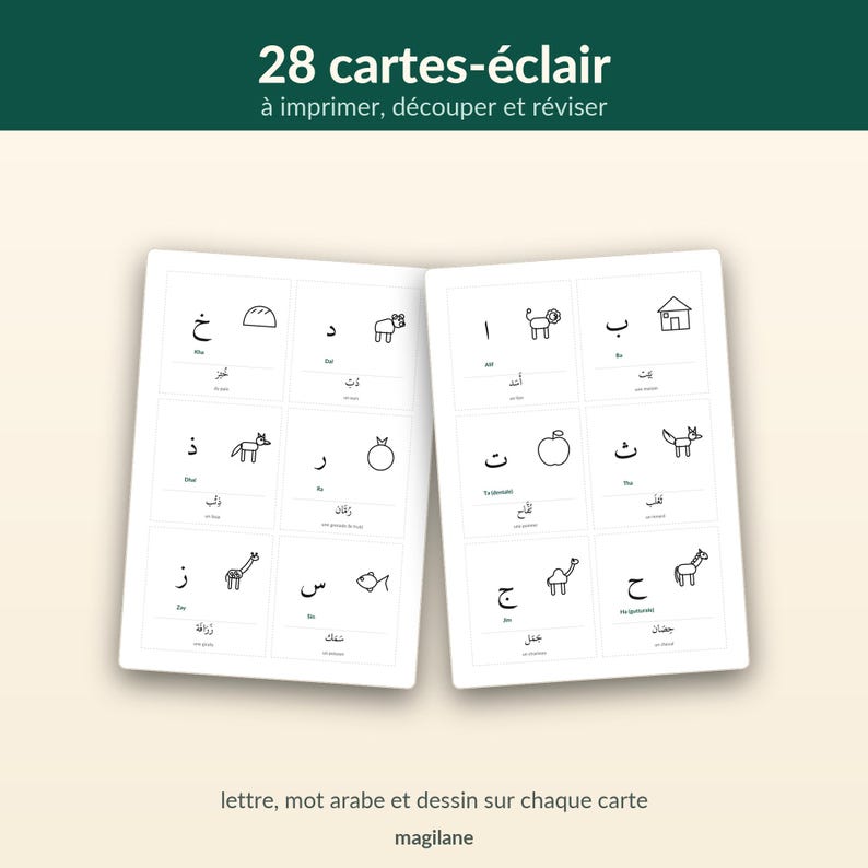 May include: A set of 28 flashcards featuring Arabic letters, corresponding words, and simple line drawings. The cards are displayed in two columns on a white background, with the text 28 cartes-&eacute;clair &agrave; imprimer, d&eacute;couper et r&eacute;viser at the top.