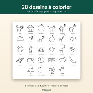May include: A white coloring sheet titled 28 dessins &agrave; colorier featuring 28 black line drawings of animals, objects, and nature, each labeled with its French name. The layout includes a grid of simple illustrations like a lion, house, apple, and star.