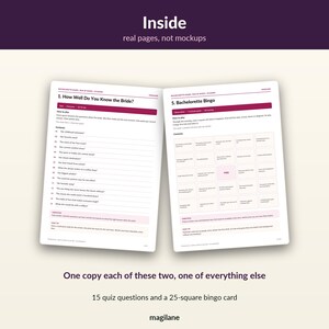 May include: Two open pages of a bachelorette game book featuring a quiz titled How Well Do You Know the Bride with 15 questions and a 25-square Bachelorette Bingo card. The pages have white backgrounds with dark purple and pink text and accents.