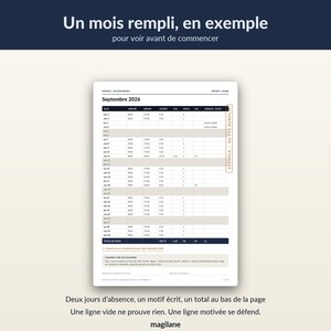 May include: A white printed monthly timesheet template for September 2026, featuring columns for arrival, departure, hours, meals, and absences. The document includes the text 'Un mois rempli, en exemple' at the top and 'magilane' at the bottom.