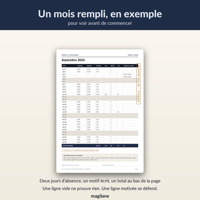 May include: A white printed monthly timesheet template for September 2026, featuring columns for arrival, departure, hours, meals, and absences. The document includes the text 'Un mois rempli, en exemple' at the top and 'magilane' at the bottom.