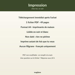 Peut inclure: Une fiche d'information pour un document num&eacute;rique avec un en-t&ecirc;te vert fonc&eacute; portant le texte Impression chez toi, ce soir. Le fond cr&egrave;me affiche du texte fran&ccedil;ais d&eacute;taillant un fichier PDF de 49 pages au format A4, imprimable, non dat&eacute; et non modifiable.