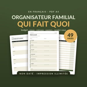 Peut inclure: Un organisateur familial num&eacute;rique de 49 pages au format A4 en fran&ccedil;ais avec des sections pour le budget, les repas, le m&eacute;nage, les papiers et les rendez-vous. Les pages pr&eacute;sentent une mise en page claire avec des champs beiges et blancs.