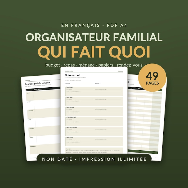 Peut inclure: Un organisateur familial num&eacute;rique de 49 pages au format A4 en fran&ccedil;ais avec des sections pour le budget, les repas, le m&eacute;nage, les papiers et les rendez-vous. Les pages pr&eacute;sentent une mise en page claire avec des champs beiges et blancs.