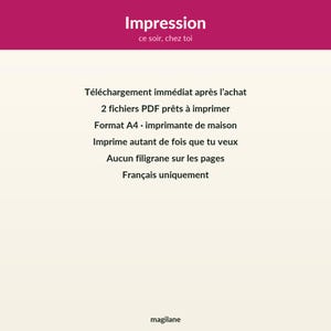 May include: A digital document with a magenta header featuring the white text Impression ce soir, chez toi. The cream-colored body contains French text detailing two A4 PDF files for home printing, unlimited copies, no watermarks, and the brand name magilane.