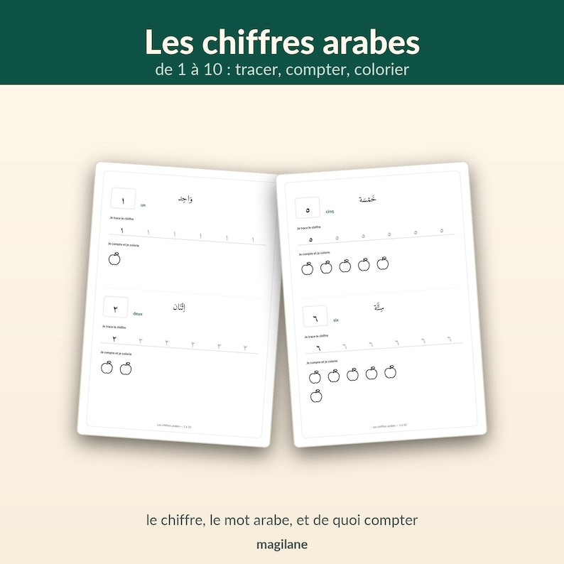 May include: Two white educational worksheets titled Les chiffres arabes de 1 &agrave; 10 : tracer, compter, colorier. The pages feature Arabic numerals, corresponding Arabic words, tracing lines for numbers, and outline drawings of apples for counting.
