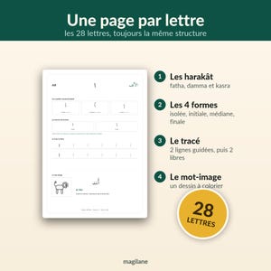 May include: An educational worksheet titled Une page par lettre featuring Arabic letter practice with sections for harakat, four letter forms, tracing lines, and a lion drawing to color, alongside a circular badge stating 28 lettres.