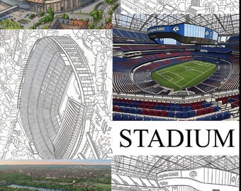 Malbuch für Erwachsene: Stadien, 40 Fußballarenen, Sportarchitektur, druckbare PDF-Datei (sofortiger Download)