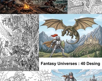 Fantasy-Malbuch für Erwachsene, Drachen, Ritter, Piraten, 40 Motive (PDF-Download)