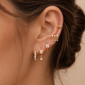 Gold CZ Huggie Earrings, Butterfly, Flower & Bow Styles, 925 Sterling Silver Posts