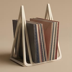 Op de afbeelding: Een crèmekleurig driehoekig opbergrek met een verzameling dunne, rechthoekige voorwerpen in diverse gedempte tinten, waaronder grijs, blauw en roodbruin. Het rek heeft twee hoge, puntige zijsteunen verbonden door een basisframe.