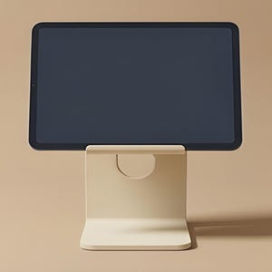 May include: A tablet computer with a dark screen is positioned horizontally on a solid, light beige, L-shaped metal stand. The stand features a wide, flat base and a circular cutout near the top, providing a stable support for the device.