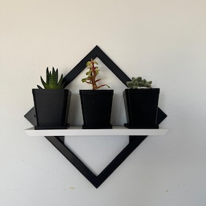 Puede incluir: Un estante de pared con marco negro en forma de diamante y una repisa blanca horizontal que sostiene tres macetas cuadradas negras. Cada maceta contiene una pequeña planta suculenta diferente, incluyendo una variedad verde espinosa, una planta ramificada y una suculenta verde difusa.