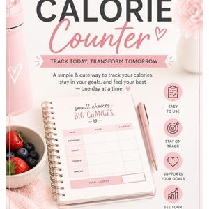 May include: A spiral-bound calorie counter notebook with a pink pen, featuring a meal tracking chart with columns for meal, food, and calories. The page header reads small choices BIG CHANGES. The cover text includes BusyMomReset and CALORIE COUNTER.