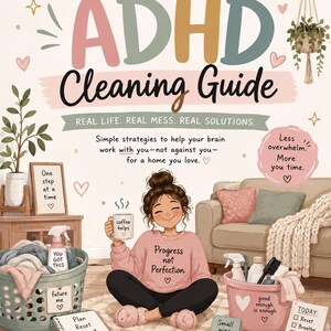 May include: A digital illustration titled ADHD Cleaning Guide with the text Real Life. Real Mess. Real Solutions. It features a person sitting on a rug holding a mug labelled coffee helps, wearing a pink sweater with Progress not Perfection written on it.