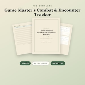 以下が含まれることがあります： 「Game Master's Combat & Encounter Tracker」の印刷可能なドキュメントセット。黒い文字が書かれたクリーム色の表紙と、イニシアチブや遭遇を記録するグリッドが表示された2枚の内ページで構成されています。A4およびUSレターサイズの全9ページが含まれています。