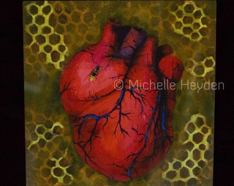 Fine Art Metal Print- 12" x 12"- Anatomical Human Heart and Bee- "Dirge for the Beekeeper"