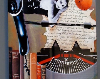 Fine Art Metal Print-14" x 11"- Collage with Typewriter, Vintage Woman, and Phone-"Longing"