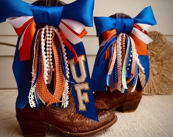 Lazos para botas de los Florida Gators hechos a mano / Azul rey, naranja, encaje, ribete de perlas