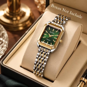 May include: A rectangular analog wristwatch with a green dial, gold-tone bezel, and a two-tone silver and gold metal link bracelet. The dial features the text IRLANDY and QUARTZ. The text Boxes Not Include is visible in the upper right corner.