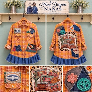 Upcycled Orange Plaid Shirt Jacket | Boho Western Patchwork Shacket | Denim Ruffle Hem | One of a Kind Cowgirl Style