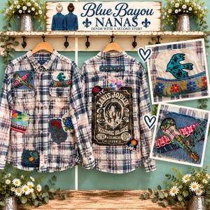 Camisa de franela Janis Joplin reciclada, única en su clase / Cuadros estilo boho rock & roll / Patchwork hecho a mano para festivales