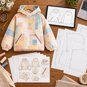 Op de afbeelding: Een gewatteerde hoodie met een patchworkontwerp in zachte pasteltinten van geel, blauw en roze met bloemenpatronen. Het kledingstuk is voorzien van een capuchon, lange mouwen met geribbelde boorden en twee voorzakken met diagonale ritssluitingen.