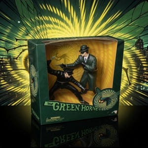 May include: A Green Hornet collectible box set featuring two action figures in a dynamic pose. One figure wears a dark green coat and hat, while the other wears a black uniform. The box displays the text The Green Hornet and a warning label.