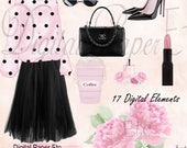 Digital Fashion Clip Art, Digital PNG, Perfume, Shoes, Scattered Pearls, Pink Floral, Purse, Lipstick, Fashion Digital Art, P206