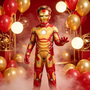 Könnte beinhalten: Ein vollständiges Iron-Man-Kostüm bestehend aus einem rot-goldenen Overall mit passender Maske aus geformtem Kunststoff. Der Anzug verfügt über ein kreisförmiges Brustemblem und integrierte Handschuhe mit Details in Form segmentierter Panzerplatten.