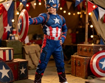 Captain America Costume Kids, Blue Superhero Cosplay Suit, Boys Halloween Outfit, Avengers Inspired Dress Up, Birthday Gift