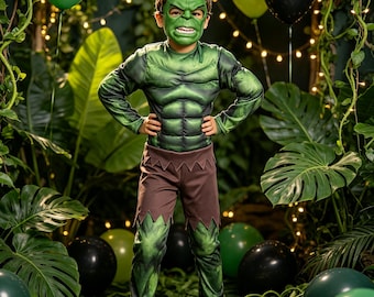 Hulk Costume Kids, Green Superhero Outfit, Muscle Bodysuit Halloween Cosplay Suit, Boys Birthday Party Dress Up Gift