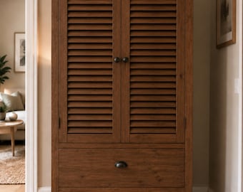 Rustic Wooden Armoire, Solid Wood Storage Cabinet with Louvered Doors and Drawer